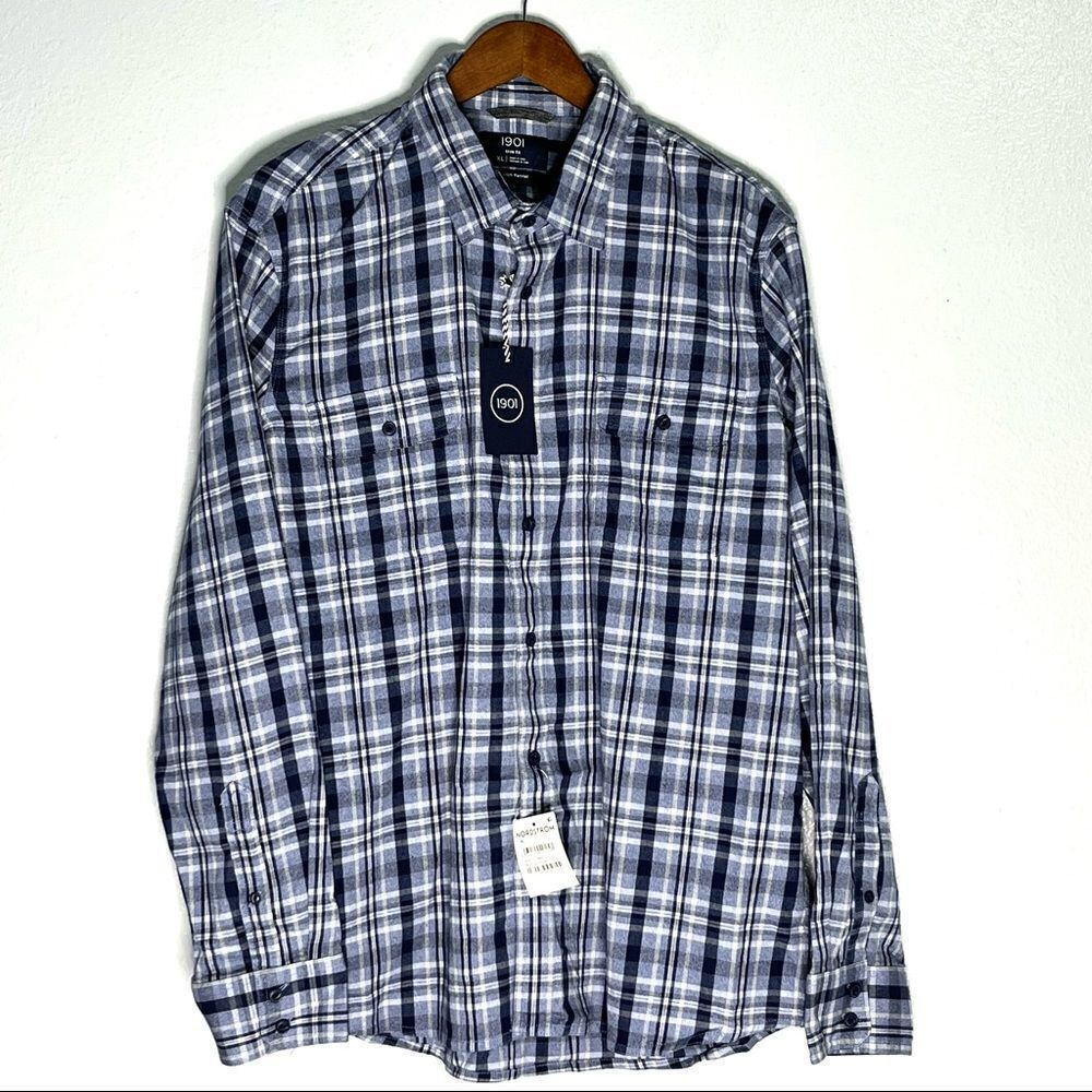 NWT Men’s Nordstrom 1901 Blue Jaspy Navy Plaid Flannel Shirt Size XL